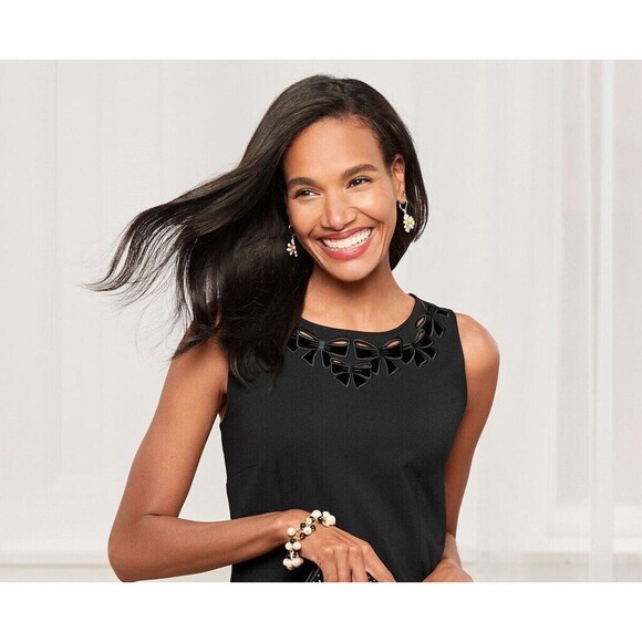 Talbots Black Velvet Cut Out Embroidered Bow Sleeveless Dress Size 16 NWT - Picture 3 of 12